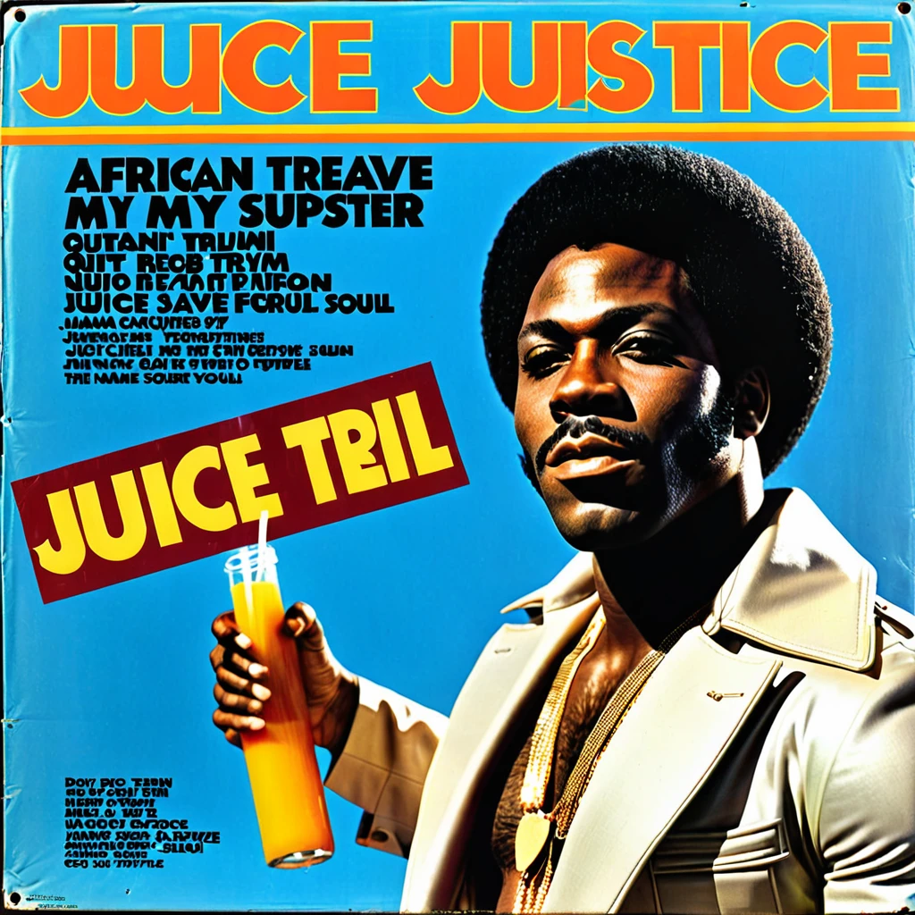 Create a 1970s vinyl album cover for an african-american male r&b superstar named "Juice Justice". The name of the album is called "Quit Tryin To Save My Soul".
