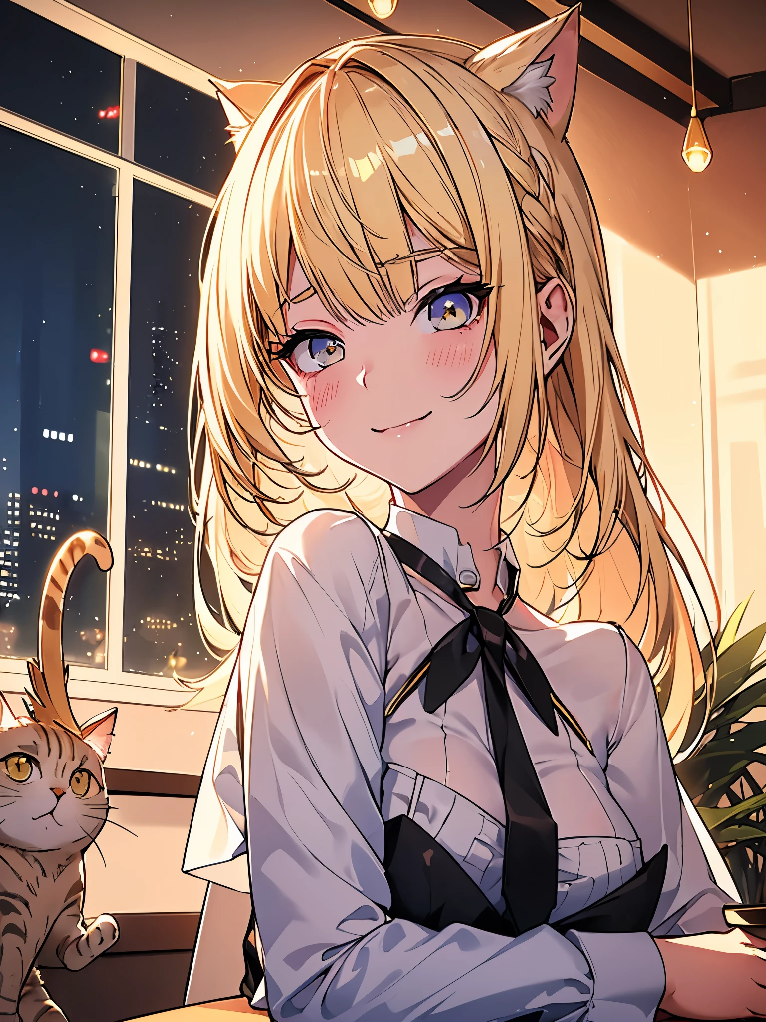 nsfw, work of art, (best qualityer:1.2), (sharp focus:1.2),, 1 girl, slender girl,, (blond|Lumiere_yellow hair), Cat's ears,, face detailed, Youngh|cute face, blush, evil smile,, natural breasts, Thin arms,, white collar shirt with black tie, black choker,, in a modern office, hinterland