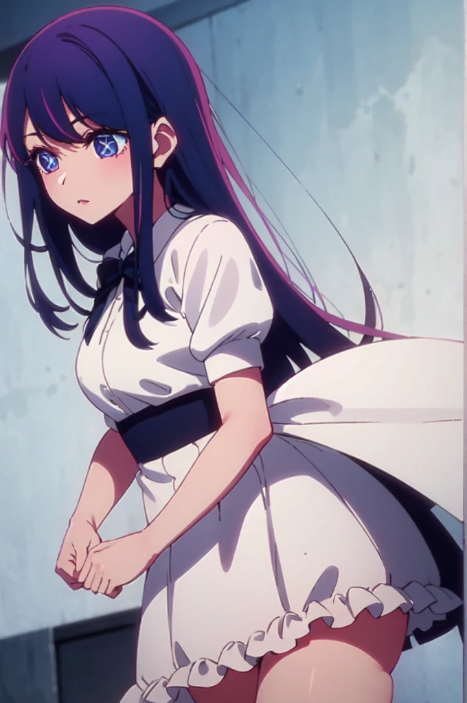 A young woman with dark blue hair, blue eyes and fair skin. She wears light pink lipstick on her lips and always dresses in formal white dresses that have a pretty bow.. in the style of Anime: Oshi no Ko.