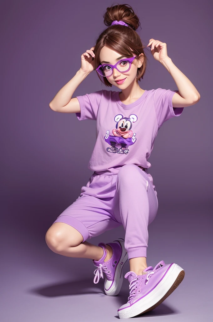 Fun minded character,disney pixar style,3d,with shoulder-length short brown hair,purple glasses,light purple all star sneakers,eyes browns,pink outfit