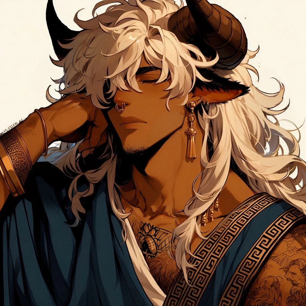 lineless manga style, anime, semi realistic, Baroque Anime Art Style, Male, tan caramel skinned, eyes covered by hair, Bull horns and tail, white fluffy hair that covers eyes, loose flowing Greek clothing, dark rich blue farmer civilian Greek clothing with ancient engravings on it, golden jewelry, slightly muscular, broad and slightly flared nose, Deep-set Eyes, Prominent Brow Ridge, well-defined and square chin, prominent square jawline, nipple piercings, bull nose ring, septum nose piercing, jewelry on bulls tail, fatherly vibe, eyes covered by fluffy hair, no eyes, nipple rings, bull nose ring, bull nose piercing, nipple piercing, full body, high quality, high resolution,