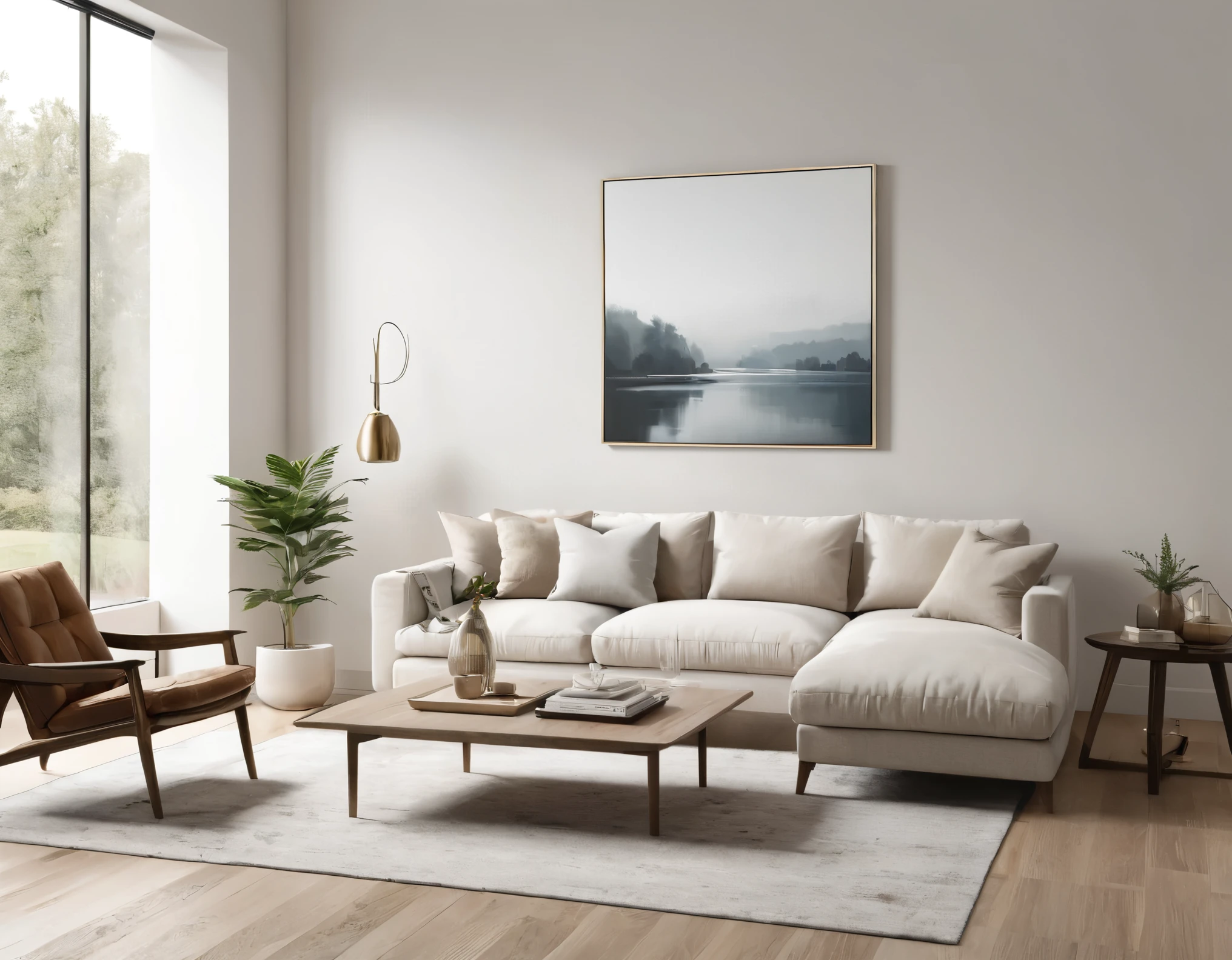 Generate a photorealistic AI-rendered image of a warm and inviting living room with a clean aesthetic. The scene should exude a cozy atmosphere, featuring well-lit spaces and a tasteful interior. Include realistic details such as furniture arrangements, subtle decor, and a blank wall suitable for a painting. This image will serve as a mock-up for a painting, capturing the essence of a welcoming and stylish living room with a focus on warmth and cleanliness. Leave the painting blank white. Closer view on the painting. full view of painting. No art work on the painting, leave it blank.\