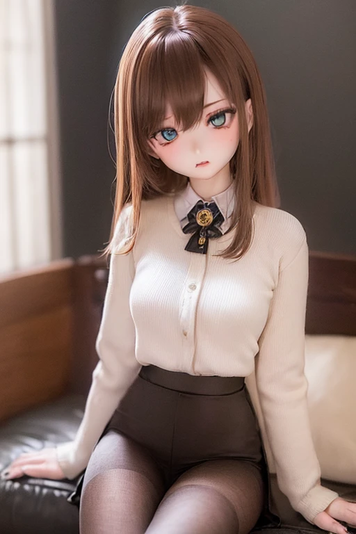 (SFW:2), photorealistic, realistic photo, ((highest quality)), ((masterpiece)), ((extremely detailed)), kukolnydom, doll, (mature woman, 22yo, 22 years old:1.6), solo, ((cowboy shot, sitting on sofa, reclining on sofa, arms by sides, skinny, slender, slim)), green eyes, parted lips, (brown hair, looking down, blank eyes, empty eyes, detailed eyes, detailed face:1.3), cardigan, blouse, ascot, pleated skirt, pantyhose, museum, 8k