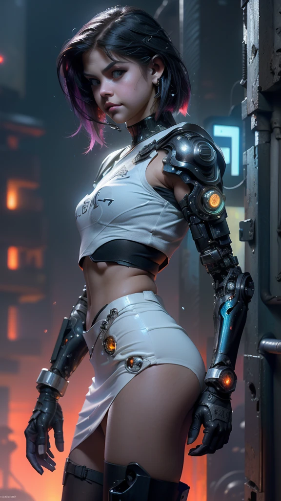 (La mejor calidad,A high resolution,Ultra - detallado,actual),Selena Gómez cyborg white transparent plastic mecánica , (cyborg white mecánica plastic transparent :1.4), wavy blonde hair, wear glasses, wear a cap, wearing a red t-shirt torn in half and showing her breasts NSFW, (miniskirt red pisada neón :1.4), ,(Fondo de ruinas de mazmorra en ruinas cyberpunk :1.4 ), ( post city Tokio colors:1.4), NSFW, ,More detailed 8K.unreal engine:1.4,UHD,La Best Quality:1.4, photorealistic:1.4, skin texture:1.4, Masterpiece:1.8,first work, Best Quality,object object], (detailed face features:1.3), detailed hands  ,(Selena Gomez:1.4) ,(colors cyberpunk:1.4),blue water background, (sexy costume:1.4) ,sexy  uniform  ,(face detailed Selena Gomez :1.4), (Selena Gomez V2.1), ,( ciberpunk 2.1)Epic Fantasy Art Style HD, 4K fantasy art, epic fantasy digital art style, epic fantasy art style, Fantasy Woman, epic fantasy art portrait, Epic fantasy style, hyperrealistic fantasy art, hd fantasy art, Epic fantasy character art, epic fantasy art, in style of dark fantasy art, epic fantasy digital art, (iluminación cinematográfica :1.4), (colores brillantes), (Five Fingers, Four fingers and thumb),
