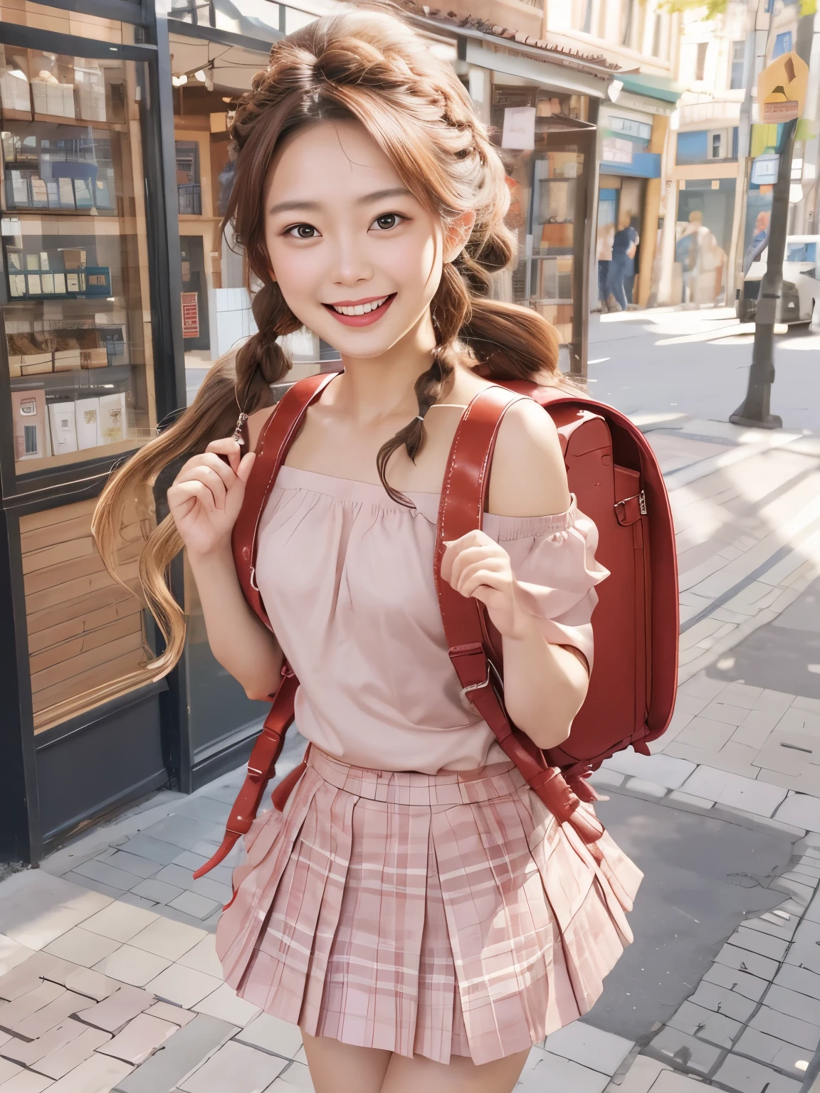 masutepiece, Best Quality, hight resolution, realistic, Long hair, Brown hair, braid, Brown eyes,Off-shoulder,White shirt,Pink skirt, Pleated skirt, Smile, standing, Open mouth, Town,city, wearing backpack, (backpack:1.2)
