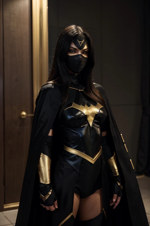 A superhero character wearing a dominant black costume with gold trim and a black cape standing straight and wearing a mask over the eyes