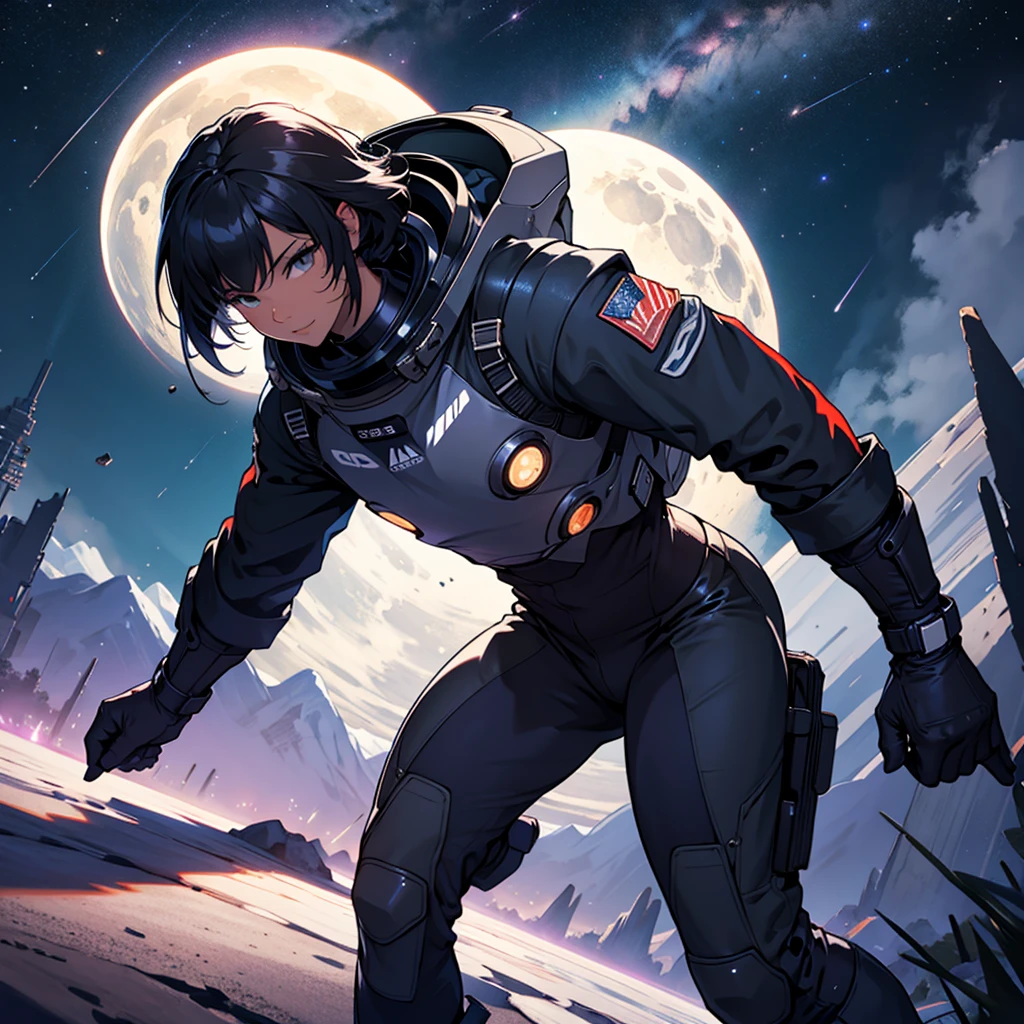  , night time ,  sexy space suit, eclipse in the sky , landscape 