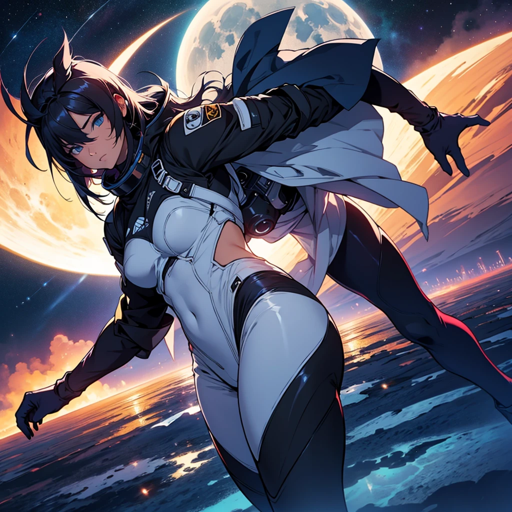  , night time ,  sexy space suit, eclipse in the sky , landscape 