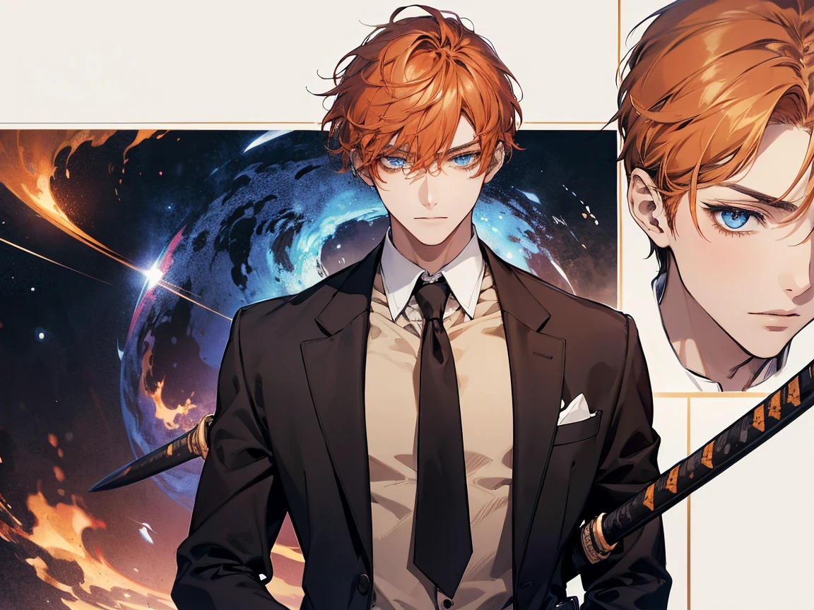 1 man, student, wearing white shirt, brown school suit, brown school long pants, orange hair, short hair, blue eyes, face to detail, detailed eyes, the background is black galaxy, holding a katana