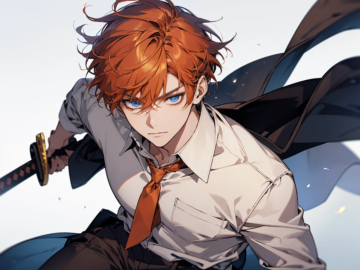 1 man, student, wearing white shirt, brown school suit, brown school long pants, orange hair, short hair, blue eyes, face to detail, detailed eyes, the background is black galaxy, holding a katana