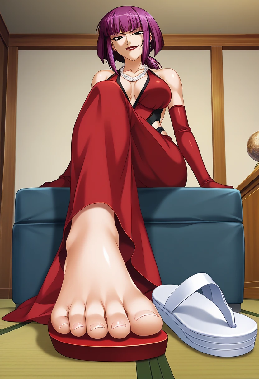 score_9,score_8_up,score_7_up, source_anime, BREAK 1girl, Oboro, sitting on the floor and showing her feet, (pov from below:1.3), micro POV, stepping on viewer, foot focus, flipflops, both detailed feet, five toes, smooth natural toenails, smirk, purple hair, short hair, blunt bangs, eyeshadow, low ponytail, lipstick, makeup, detailed face, red eyes, red long dress,bare shoulders, red elbow gloves,large breasts, thighs,necklace, mature female BREAK best quality, official art, anime keyvisual, anime screencap