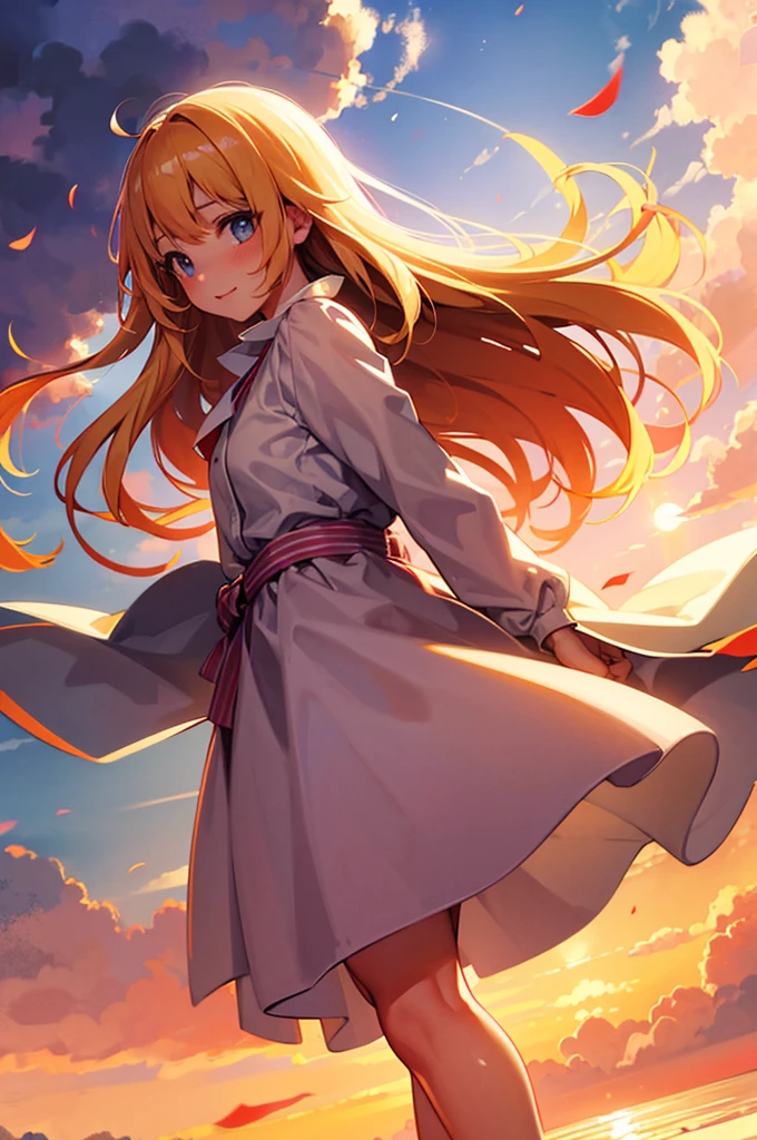 masterpiece, best quality, Stills, 1 girl, Cloud Girl, Floating in the air, closure, bright, Happy, Warm and soft lighting, Sunset, (spark:0.7)