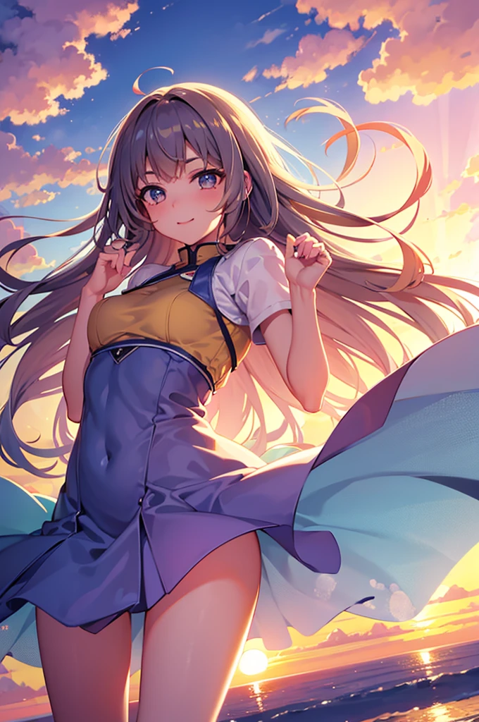 masterpiece, best quality, Stills, 1 girl, Cloud Girl, Floating in the air, closure, bright, Happy, Warm and soft lighting, Sunset, (spark:0.7)