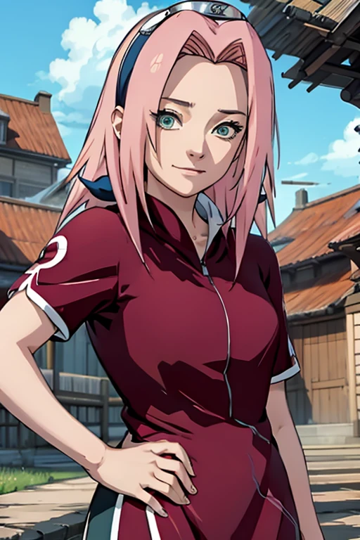 Masterpiece， The best quality at the best.， 1 girl， Sakura Haruno， big breasts，Off the shoulder clothing，（neckline)，Closeup of upper body，Sexy servant，Is shy，with pink hair， long white hair， green eyes， forehead protection， smile， both hands on hips， blue sky， clouds， hidden town

