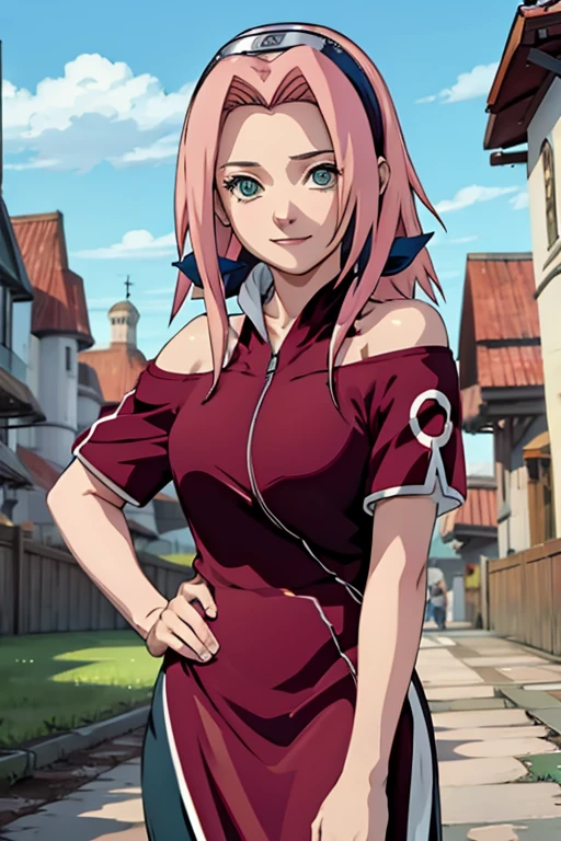 Masterpiece， The best quality at the best.， 1 girl， Sakura Haruno， big breasts，Off the shoulder clothing，（neckline)，Closeup of upper body，Sexy servant，Is shy，with pink hair， long white hair， green eyes， forehead protection， smile， both hands on hips， blue sky， clouds， hidden town

