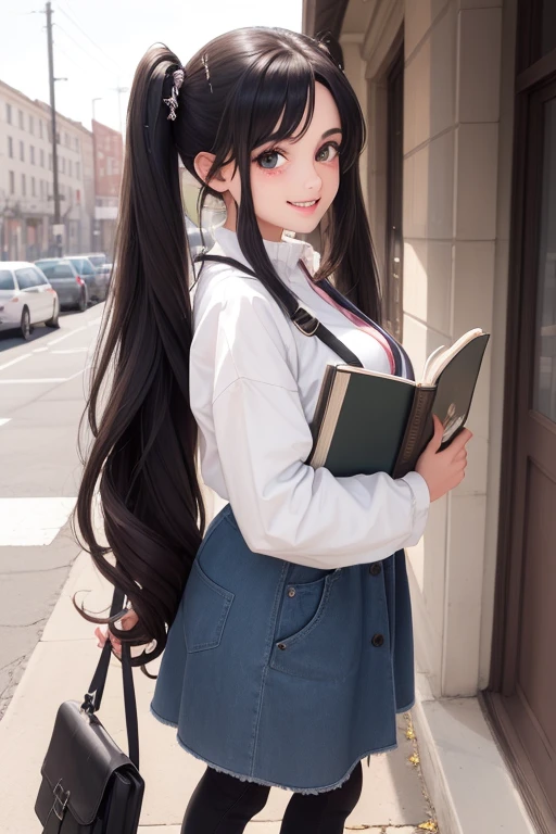 (best qualityer), (hyper realist), mh-yk, 1 girl, standing alone, black hair, eyes browns, , long hair, standard college clothes,big ,, twintails, plein-air, hair rings, holding a big anatomy book,malicious smile