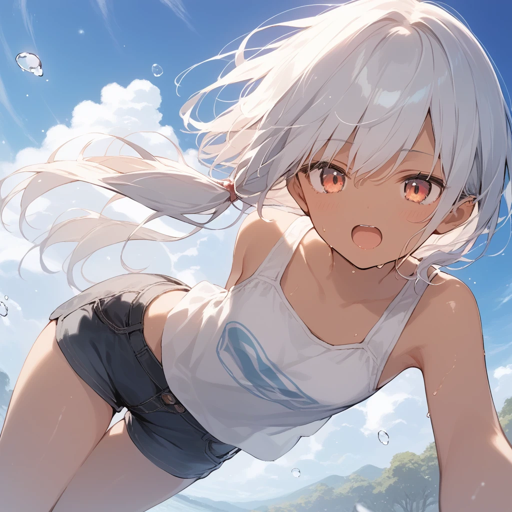 score_9, score_8_up, score_7_up, source_anime, best quality, masterpiece, official art, absurdres, highres, ultra-detailed,waifu2x,Collection: Slice of Life,break,1girl, tomboy, dark-skinned female, short hair, low ponytail, flat chest, beautiful detailed eyes, short shorts, sweat, open mouth, (yawn:0.3), sleepily, outdoors, wind, break,(clear line illustration:1.2),very high resolution, very aesthetic, super detailed skin, Best sexual lighting powered by famous artist, 8k,cute picture,beauty illustration,photoshop_(medium),,(Detailed Lighting),best anime 8k konachan wallpaper, pixiv contest winner,