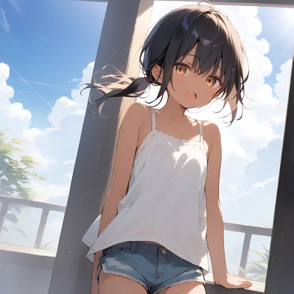 score_9, score_8_up, score_7_up, source_anime, best quality, masterpiece, official art, absurdres, highres, ultra-detailed,waifu2x,Collection: Slice of Life,break,1girl, tomboy, dark-skinned female, short hair, low ponytail, flat chest, beautiful detailed eyes, short shorts, sweat, open mouth, (yawn:0.3), sleepily, outdoors, wind, break,(clear line illustration:1.2),very high resolution, very aesthetic, super detailed skin, Best sexual lighting powered by famous artist, 8k,cute picture,beauty illustration,photoshop_(medium),,(Detailed Lighting),best anime 8k konachan wallpaper, pixiv contest winner, 