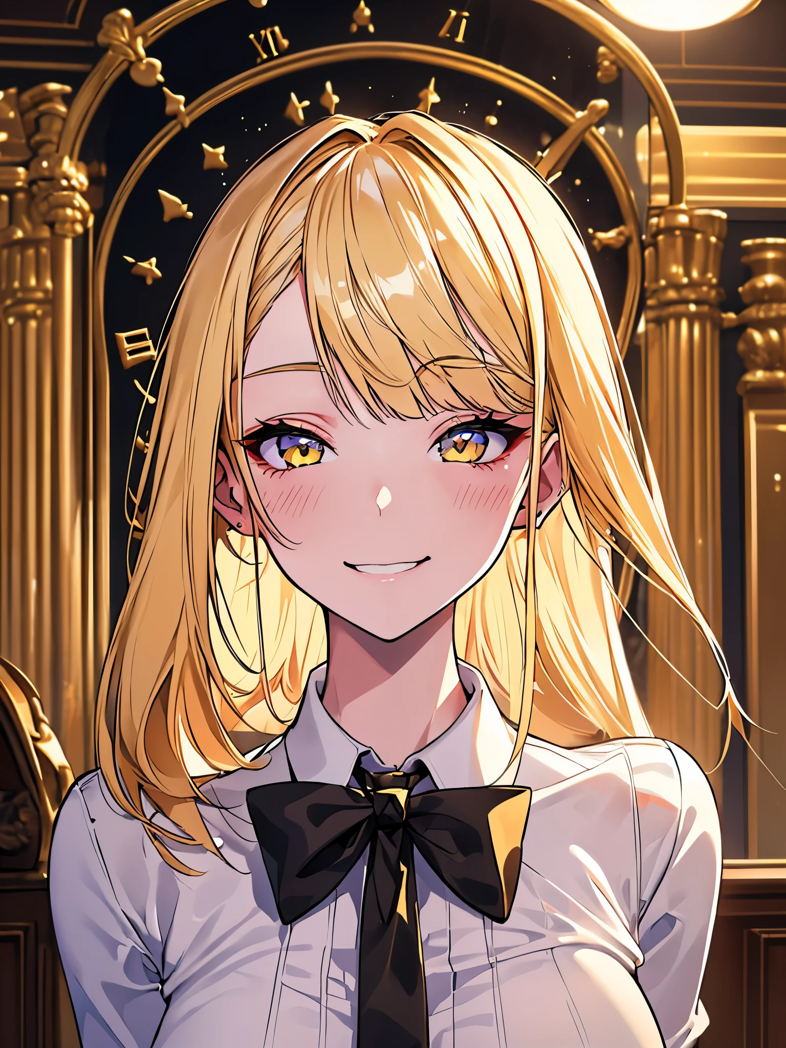 nsfw, work of art, (best qualityer:1.2), (sharp focus:1.2),, 1 girl, slender girl,, (blond|Lumiere_yellow hair), Cat's ears,, face detailed, Youngh|cute face, blush, evil smile,, natural breasts, Thin arms,, white collar shirt with black tie, black choker,, in a modern office, hinterland