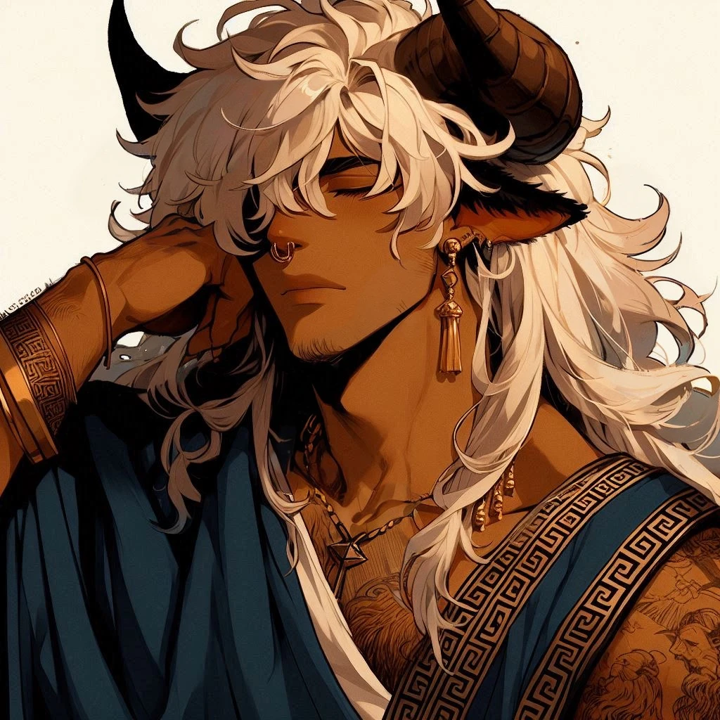 lineless manga style, anime, semi realistic, Baroque Anime Art Style, Male, tan caramel skinned, eyes covered by hair, Bull horns and tail, white fluffy hair that covers eyes, loose flowing Greek clothing, dark rich blue farmer civilian Greek clothing with ancient engravings on it, golden jewelry, slightly muscular, broad and slightly flared nose, Deep-set Eyes, Prominent Brow Ridge, well-defined and square chin, prominent square jawline, nipple piercings, bull nose ring, septum nose piercing, jewelry on bulls tail, fatherly vibe, eyes covered by fluffy hair, no eyes, nipple rings, bull nose ring, bull nose piercing, nipple piercing, full body, high quality, high resolution, 