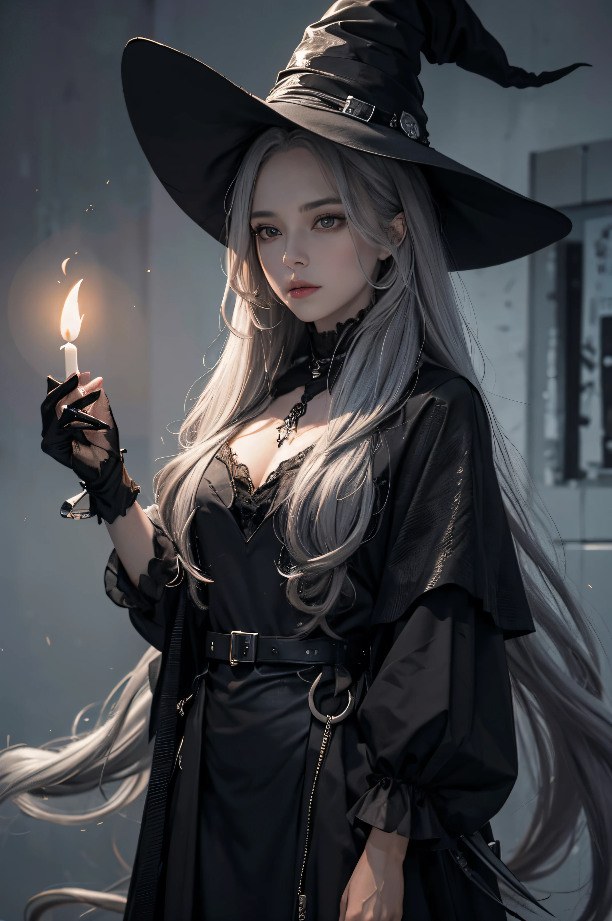 The witch,grey hair,long hair,black eye,black and grey costume