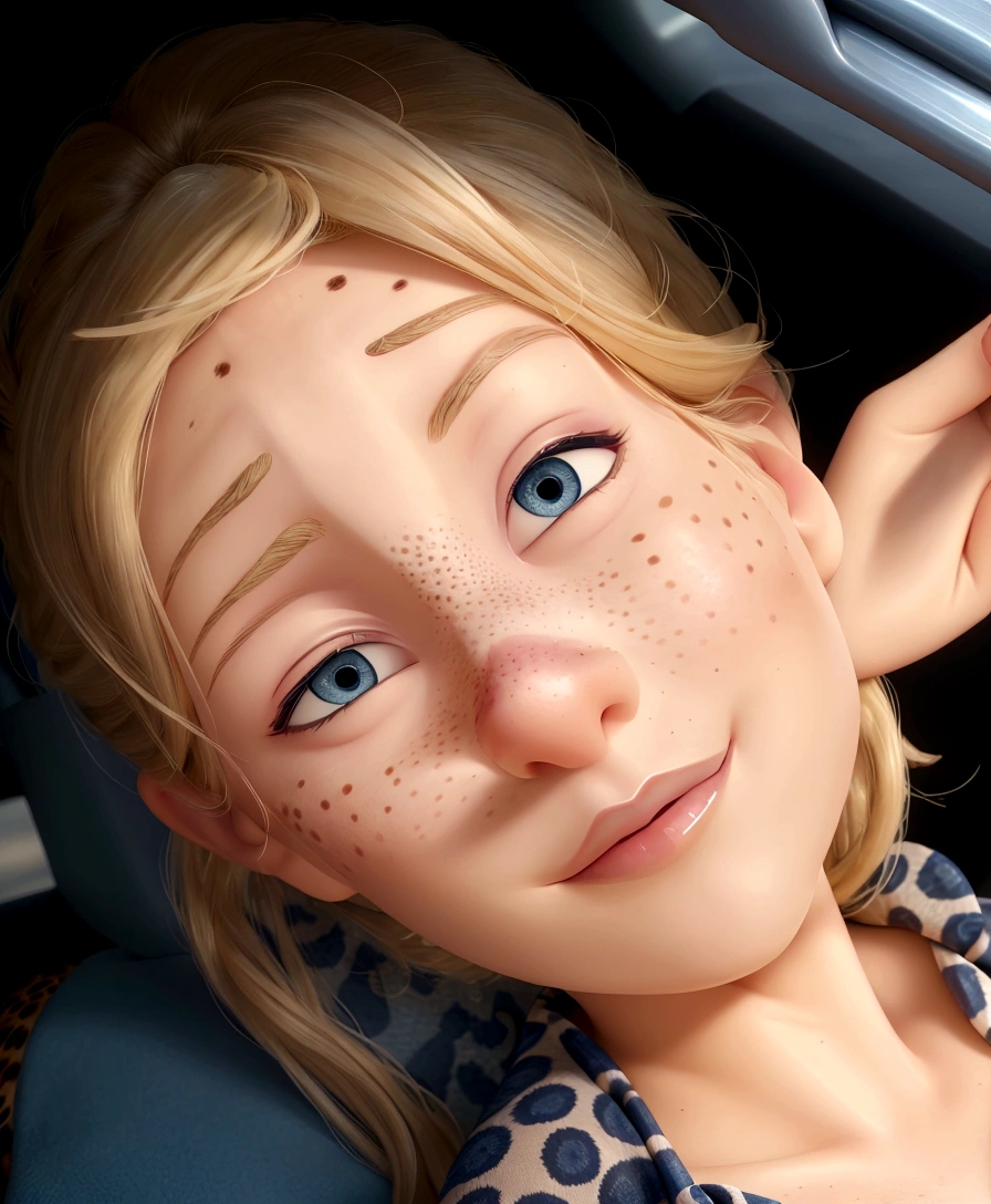 blond woman with blue eyes and a leopard print shirt sitting in a car, very light freckles, freckled face, light freckles, chilled out smirk on face, perfectly lit face, sparse freckles, 3 0 years old woman, 30 years old woman, glowing skin face, daniela uhlig, inspired by Károly Lotz, genevieve o'reilly