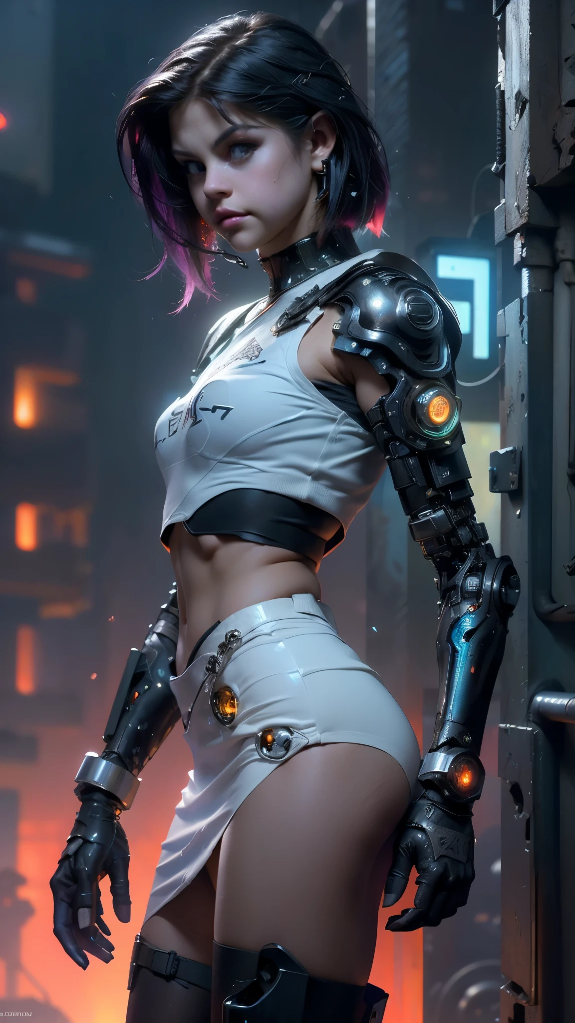 (La mejor calidad,A high resolution,Ultra - detallado,actual),Selena Gómez cyborg white transparent plastic mecánica , (cyborg white mecánica plastic transparent :1.4), wavy blonde hair, wear glasses, wear a cap, wearing a red t-shirt torn in half and showing her breasts NSFW, (miniskirt red pisada neón :1.4), ,(Fondo de ruinas de mazmorra en ruinas cyberpunk :1.4 ), ( post city Tokio colors:1.4), NSFW, ,More detailed 8K.unreal engine:1.4,UHD,La Best Quality:1.4, photorealistic:1.4, skin texture:1.4, Masterpiece:1.8,first work, Best Quality,object object], (detailed face features:1.3), detailed hands  ,(Selena Gomez:1.4) ,(colors cyberpunk:1.4),blue water background, (sexy costume:1.4) ,sexy  uniform  ,(face detailed Selena Gomez :1.4), (Selena Gomez V2.1), ,( ciberpunk 2.1)Epic Fantasy Art Style HD, 4K fantasy art, epic fantasy digital art style, epic fantasy art style, Fantasy Woman, epic fantasy art portrait, Epic fantasy style, hyperrealistic fantasy art, hd fantasy art, Epic fantasy character art, epic fantasy art, in style of dark fantasy art, epic fantasy digital art, (iluminación cinematográfica :1.4), (colores brillantes), (Five Fingers, Four fingers and thumb),