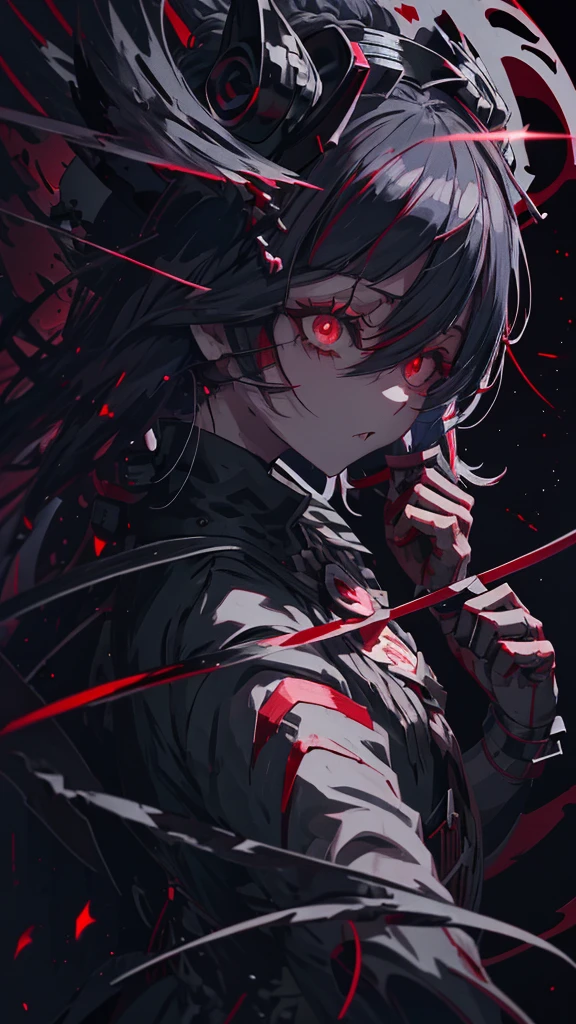 Red eyed anime girl holding a knife and bloody hands, Gothic Maiden Anime Girl, Gap Moe Yandere Grimdark, portrait Gap Moe Yandere Grimdark, gapmoe yandere, Devil Anime Girl, Nightcore, With eyes that glow red, yandere, Vampire Girl, Female Vampire Knight, yandere intricate, Burning, Red eye glow angle from the front eye patch

