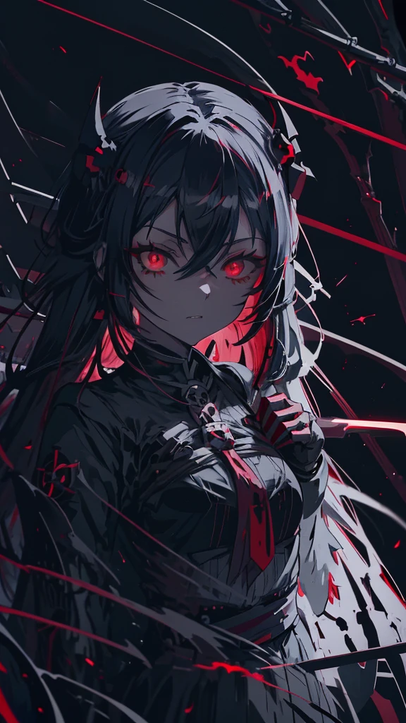 Red eyed anime girl holding a knife and bloody hands, Gothic Maiden Anime Girl, Gap Moe Yandere Grimdark, portrait Gap Moe Yandere Grimdark, gapmoe yandere, Devil Anime Girl, Nightcore, With eyes that glow red, yandere, Vampire Girl, Female Vampire Knight, yandere intricate, Burning, Red eye glow angle from the front eye patch
