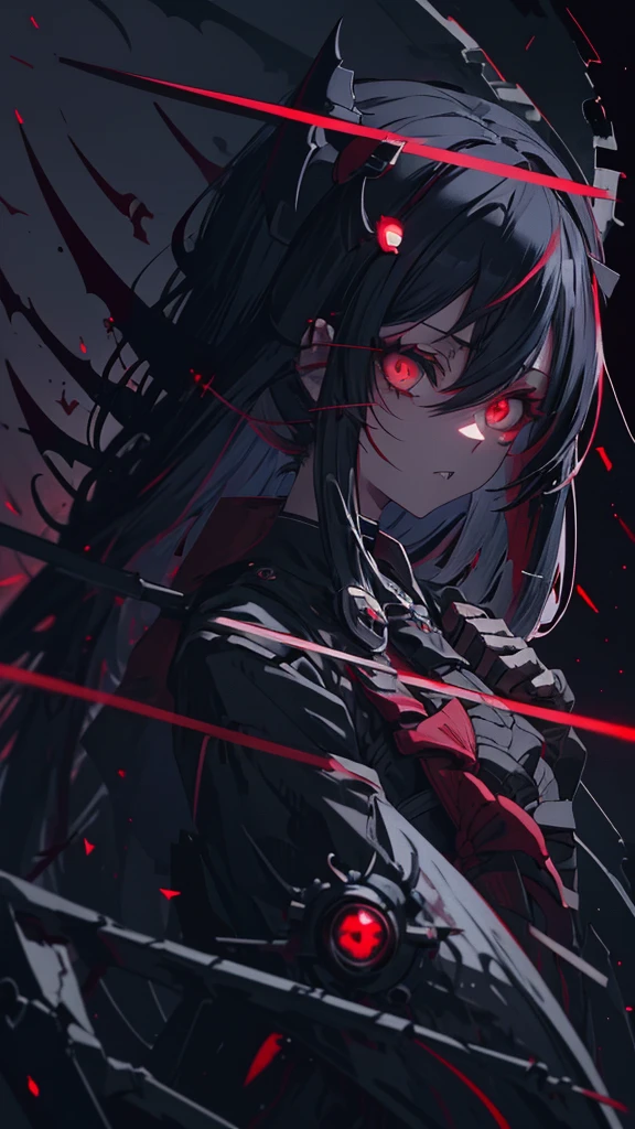 Red eyed anime girl holding a knife and bloody hands, Gothic Maiden Anime Girl, Gap Moe Yandere Grimdark, portrait Gap Moe Yandere Grimdark, gapmoe yandere, Devil Anime Girl, Nightcore, With eyes that glow red, yandere, Vampire Girl, Female Vampire Knight, yandere intricate, Burning, Red eye glow angle from the front eye patch

