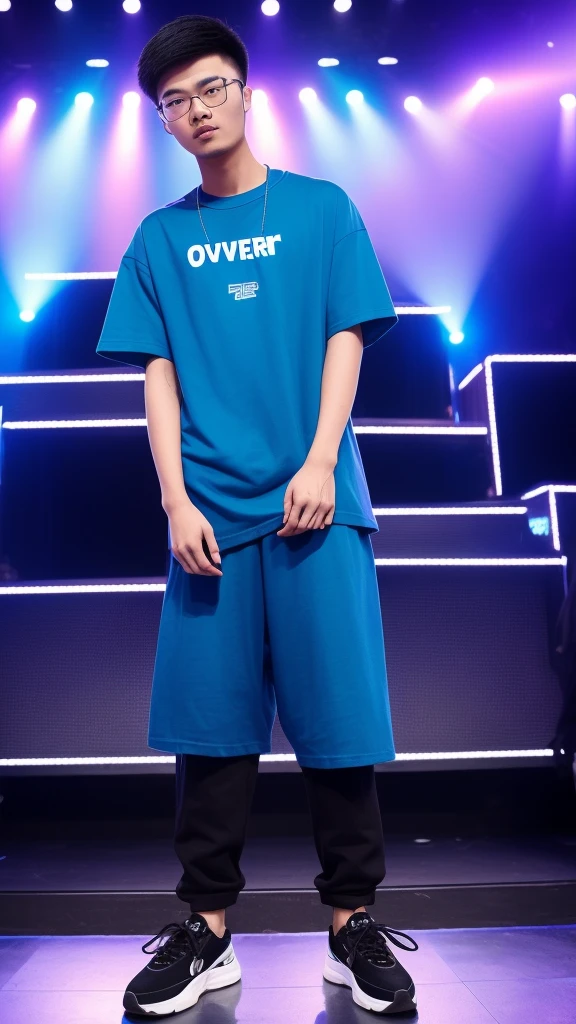21 year old Chinese boy, he is wearing a ((oversize blue t shirt XXL)), he is wearing black trousers, he is wearing black sneakers, he is wearing glasses, he is Master of Ceremony in front of a stage , NIGHTCLUB, full body,  he is buzz cut Hair, foot, Photo taken on the side 