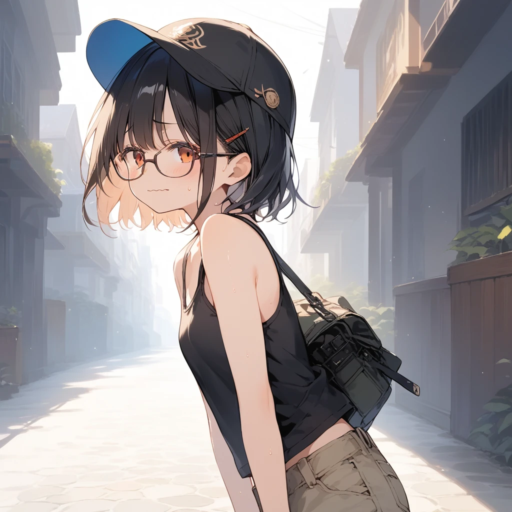 score_9, score_8_up, score_7_up, source_anime, best quality, masterpiece, official art, absurdres, highres, ultra-detailed,waifu2x,Collection: Slice of Life,break,1girl, fantasy world, short hair, glasses, small breasts, cap, tank top, cargo pants, sweat, wavy mouth, outdoors, wind, break,(clear line illustration:1.2),very high resolution, very aesthetic, super detailed skin, Best sexual lighting powered by famous artist, 8k,cute picture,beauty illustration,photoshop_(medium),,(Detailed Lighting),best anime 8k konachan wallpaper, pixiv contest winner,