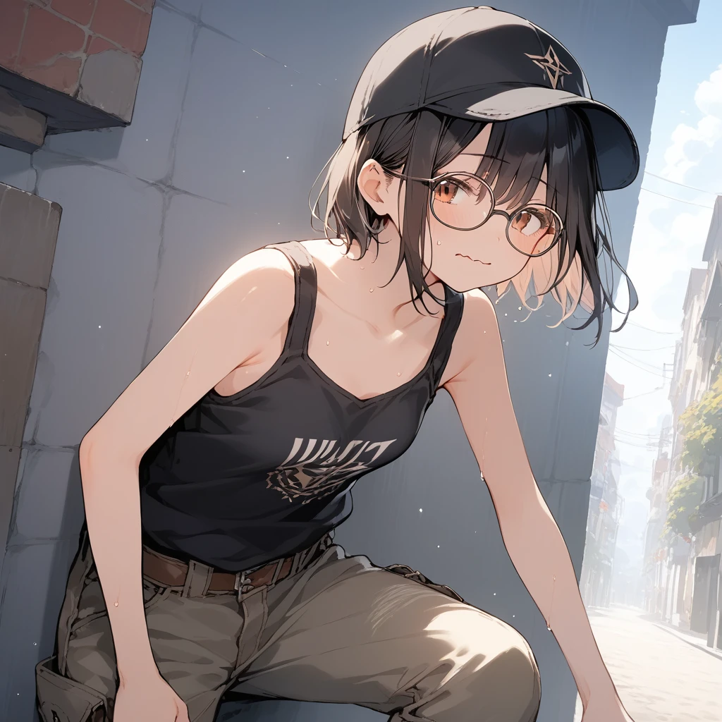 score_9, score_8_up, score_7_up, source_anime, best quality, masterpiece, official art, absurdres, highres, ultra-detailed,waifu2x,Collection: Slice of Life,break,1girl, fantasy world, short hair, glasses, small breasts, cap, tank top, cargo pants, sweat, wavy mouth, outdoors, wind, break,(clear line illustration:1.2),very high resolution, very aesthetic, super detailed skin, Best sexual lighting powered by famous artist, 8k,cute picture,beauty illustration,photoshop_(medium),,(Detailed Lighting),best anime 8k konachan wallpaper, pixiv contest winner, 