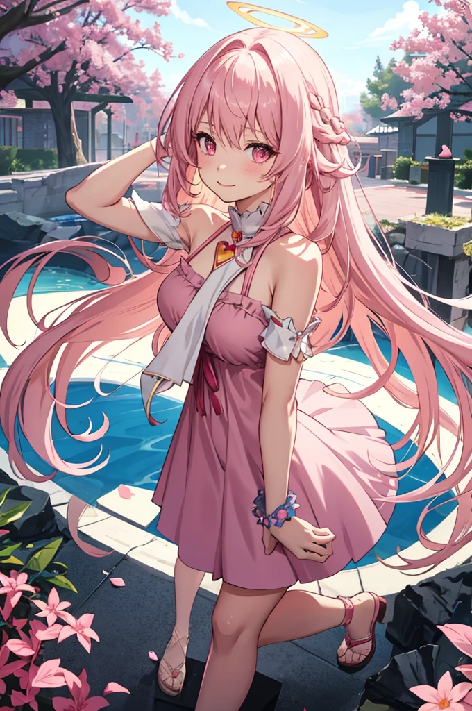 solo, 1girl, mature anime female, light pink hair, long hair, dark pink eyes, subtle blush, love goddess, sundress, innocent smile, heart-shaped halo behind head