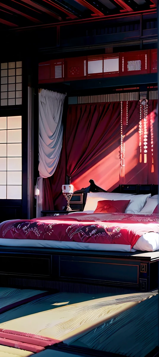 Best quality, masterpiece, ultra high res, raw photo, beautiful and aesthetic,deep shadow, dark theme,(ultra detailed:1.3), divine, royal bedroom, indoors, luxurious palace, canopy bed, full of curtains, pillows, jewelry, candlelight, queen bedrooms, pink room, Japanese style bedroom