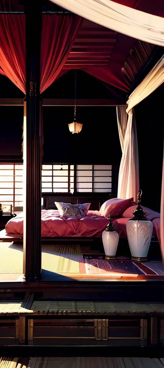 Best quality, masterpiece, ultra high res, raw photo, beautiful and aesthetic,deep shadow, dark theme,(ultra detailed:1.3), divine, royal bedroom, indoors, luxurious palace, canopy bed, full of curtains, pillows, jewelry, candlelight, queen bedrooms, pink room, Japanese style bedroom