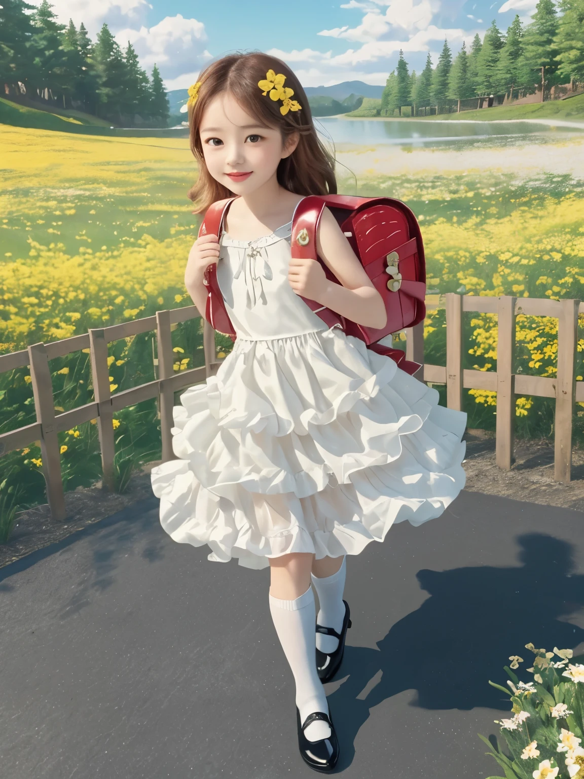 Masterpiece, hd, 2d, a girl with a cute dress, frilled dress, party dress, An incredibly charming carrying a backpack, (backpack:1.2), enjoying a lovely spring outing surrounded by beautiful yellow flowers and natural scenery. The illustration is in high definition at 4k resolution, fullbody, black shoes, white long socks, hair ornaments 