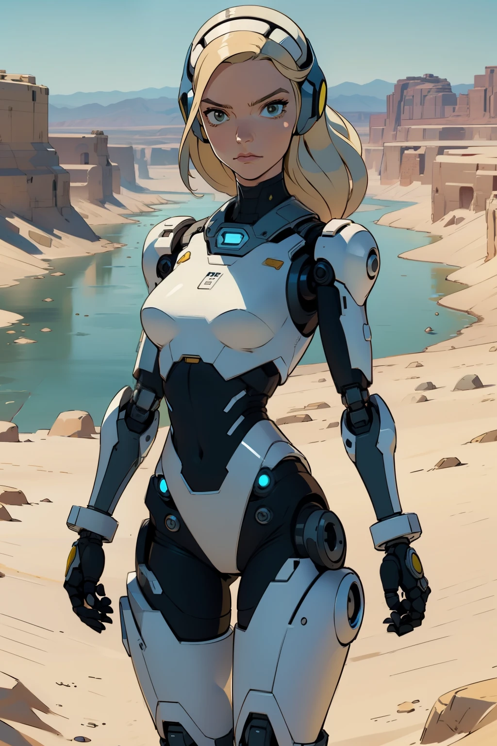 high qualiy, 4K, work of art, comely, cyborg Kizi, cowboy shot, dull eyes, gazing at viewer, hair long blonde, Kizi, breasts small, fine thighs, robotic arms, robotic body, cyborg body, yellow accent, intricate-detail, articulation, detailed lines, robotic detail, holding your fist up, holding hand as fist, colorful robotic parts, robotic parts with color, perfect toes, on a desert planet, sunny background, colorful desert, a river or lake in the background