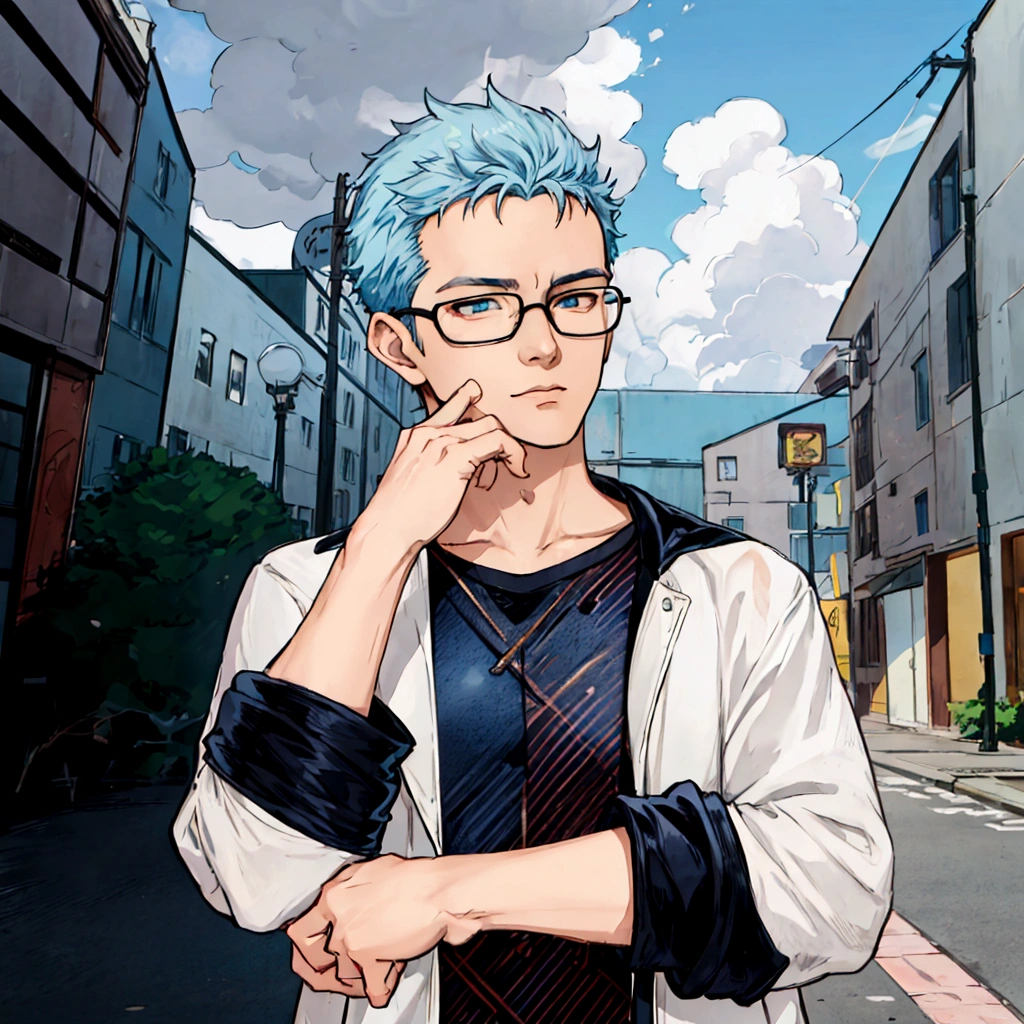 50th Generation、Anime character wearing glasses and a jacket in the city, Realistic Anime 3D Style, Elderly anime guy, Anime Style3D, Live2D Virtual Youtuber Model, Anime Styleに, Anime Styleキャラクター, Created by Anime Painter Studio, Anime Styleのポートレート, Tall anime guy with blue eyes, Anime Style, Anime portrait of a handsome man