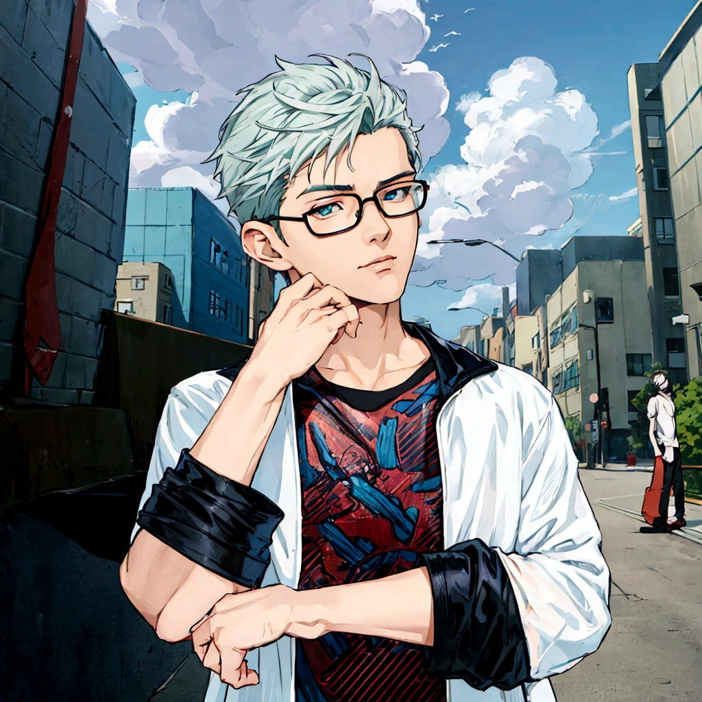 50th Generation、Anime character wearing glasses and a jacket in the city, Realistic Anime 3D Style, Elderly anime guy, Anime Style3D, Live2D Virtual Youtuber Model, Anime Styleに, Anime Styleキャラクター, Created by Anime Painter Studio, Anime Styleのポートレート, Tall anime guy with blue eyes, Anime Style, Anime portrait of a handsome man