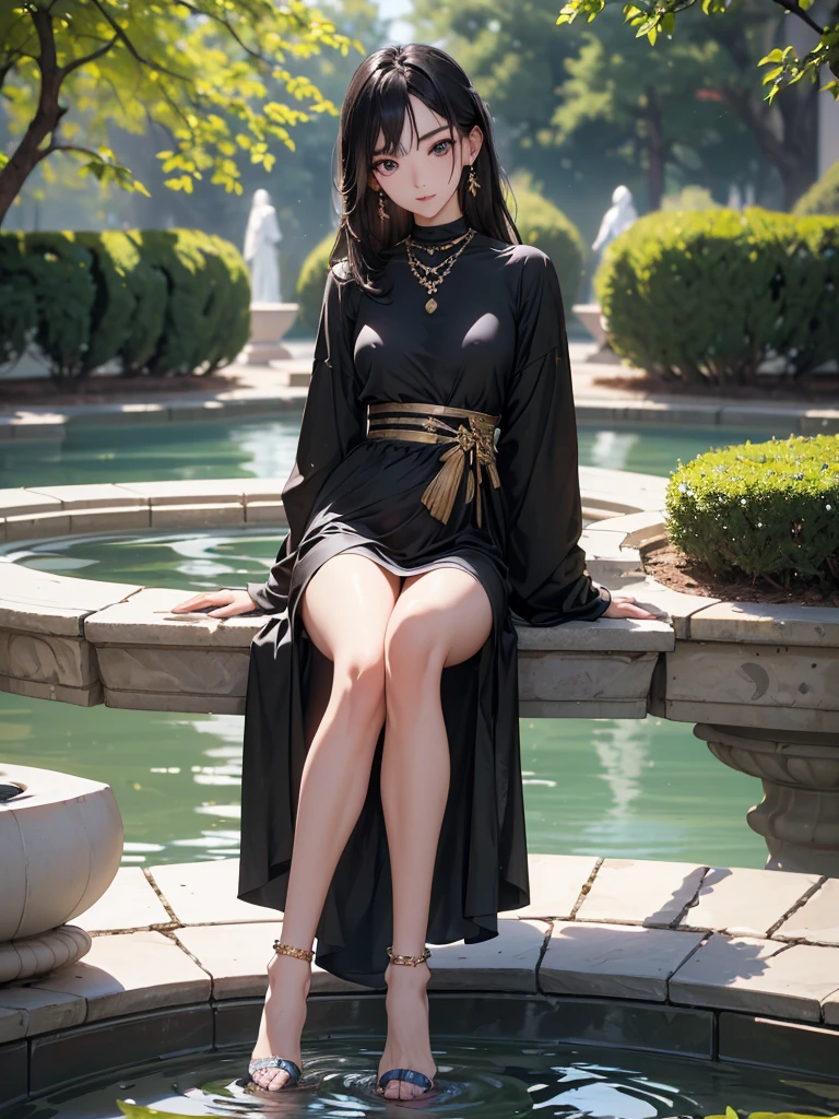 ((Biologically correct limb count))、((Full Body Shot, Full-body photo including face、Head to toe photos))、4K、masterpiece、((Focus on the face))、((Symmetrical facial features))、Eyes of meticulous depiction、One beautiful woman、Excellent style、((Shiny black zentai、High heels with anklets))、Detailed Description、Small earrings、necklace、((Sitting on the edge of a fountain in a park early in the morning, looking straight into the camera))、Close-up photo of the whole body、Panty shot、Focus on the face