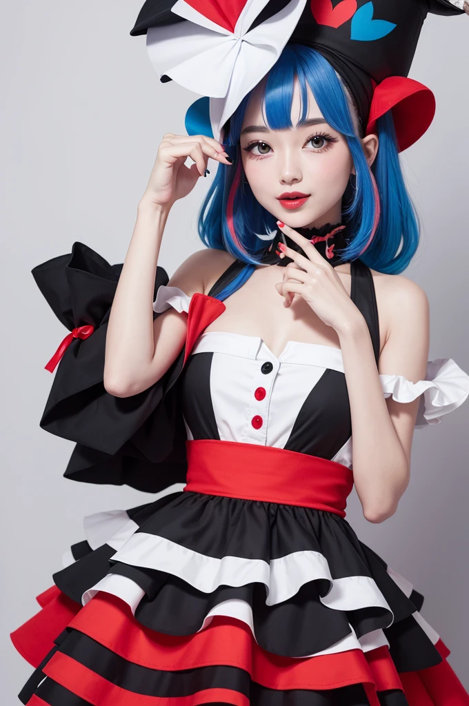 A fun-loving character in black and white dress with a black and red hat and blue and white hair