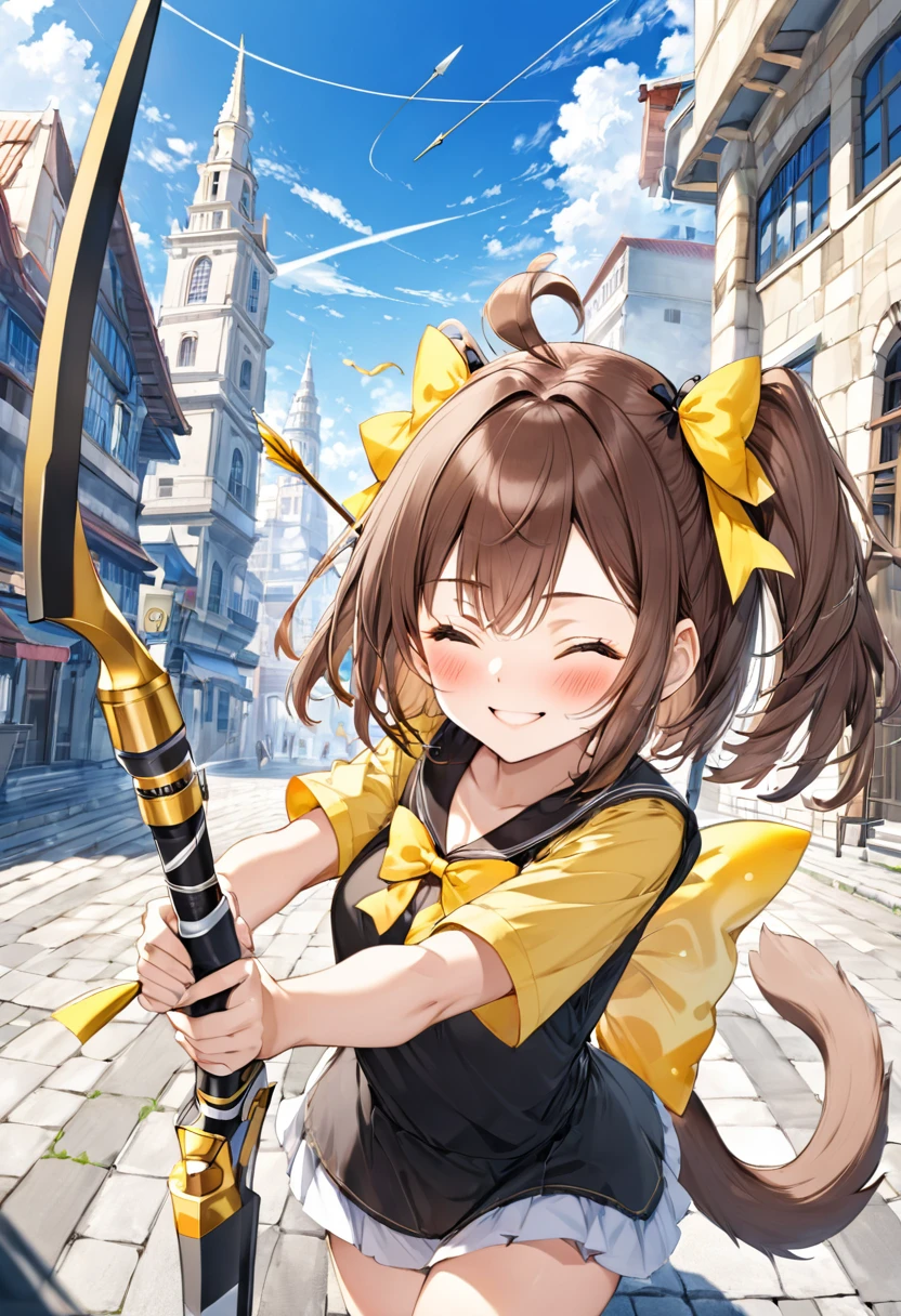 1 girl, alone, broad, blush, SMILE, Brown hair, bow, two tails, Closed eyes, weapon, short sleeves, hair bow, sky, day, blue sky, building, in front of the viewer, yellow bow, bow (weapon), ARROW (projectile)