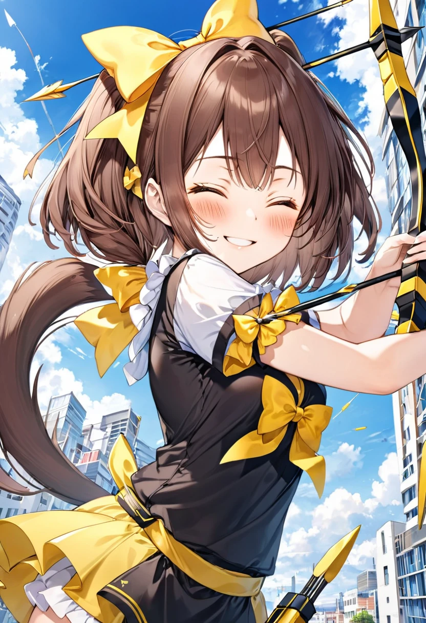 1 girl, alone, broad, blush, SMILE, Brown hair, bow, two tails, Closed eyes, weapon, short sleeves, hair bow, sky, day, blue sky, building, in front of the viewer, yellow bow, bow (weapon), ARROW (projectile)