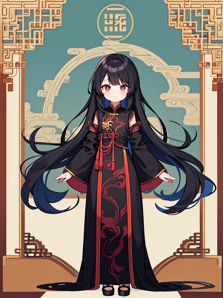 Full-body portrait、Are standing、Adult women、Black Hair、Untidy hair、Messy hair、Thick Hair、Very long hair、Long Hair、Black revealing sheer short Chinese curtain dress