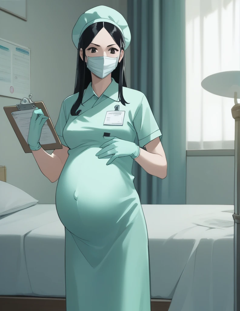 Score_9, Score_8_up, Score_7_up, source_anime, Kasuganoray, pale skin, long hair, scrubs, surgical mask, surgical cap, long maternity dress,
1 girl, pregnant, solo, latex gloves, clipboard, looking down, frowning, privacy screen, delivery bed, surgical lamp, standing,