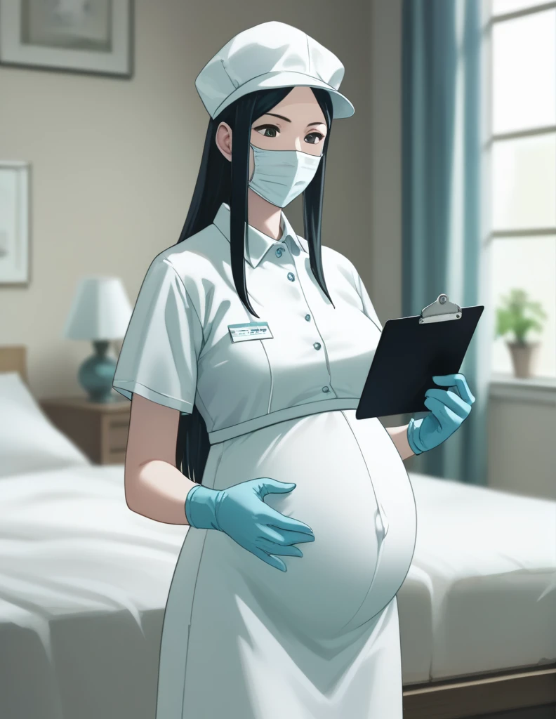 Score_9, Score_8_up, Score_7_up, source_anime, Kasuganoray, pale skin, long hair, scrubs, surgical mask, surgical cap, long maternity dress,
1 girl, pregnant, solo, latex gloves, clipboard, looking down, frowning, privacy screen, delivery bed, surgical lamp, standing,