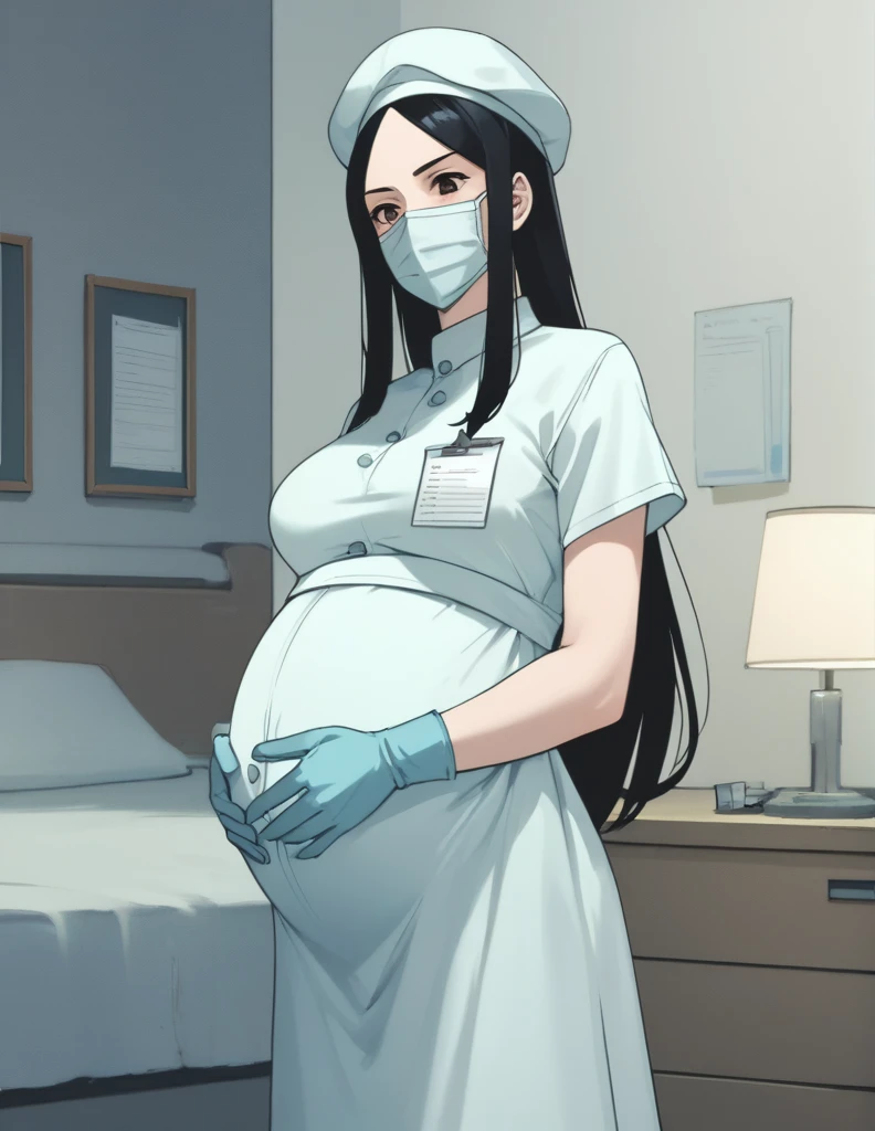 Score_9, Score_8_up, Score_7_up, source_anime, Kasuganoray, pale skin, long hair, scrubs, surgical mask, surgical cap, long maternity dress,
1 girl, pregnant, solo, latex gloves, clipboard, looking down, frowning, privacy screen, delivery bed, surgical lamp, standing,