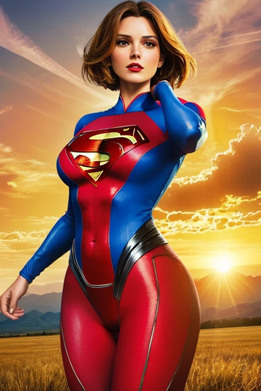 superwoman,laurel kent, earth 11, DC Universe, floating in the air,passionate and compassionate look,mature woman,short bob haircut,Red lips ,looking towards the horizon, big and round buttocks, narrow waist, large generous chest, hair moves with the wind,lasts kryptonian, tight one-piece suit that enhances your female anatomy, background landscape of a bright sunrise, mountains and grasslands 