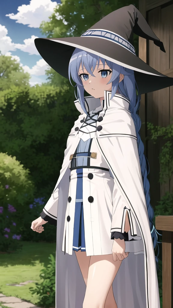 Browsing Caution,Under the skirt,Panty shot,White lace panties,Mushoku Tensei Style, Roxy Migurdia, One Girl, bangs, Black Hat, Blue background, blue eyes, Blue Hair, Braiding, brown Cape, Cape, close, Floating Hair, Hair between the eyes, have, Long Hair, View your audience, Portraiture, alone, witch have, ((masterpiece)), cloud, Outdoor,    